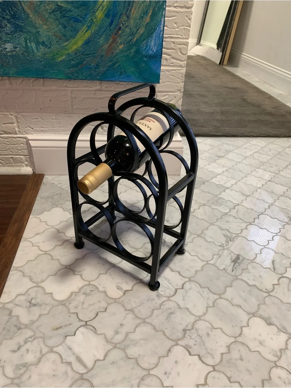 Vintage Black Wrought Iron/Metal 5-Bottle Wine Rack - Compact Countertop Holder